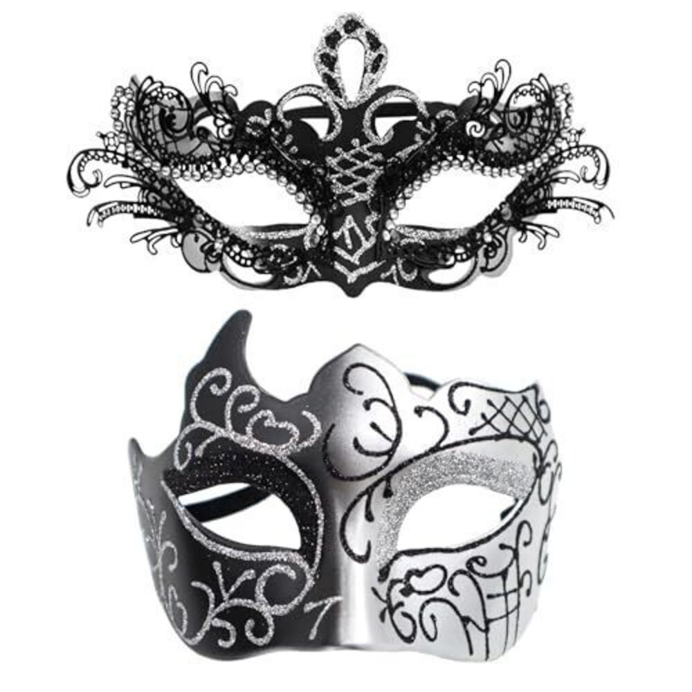 3505 Masquerade Mask Couples Set: Silver Black Rhinestones Metal Cosplay